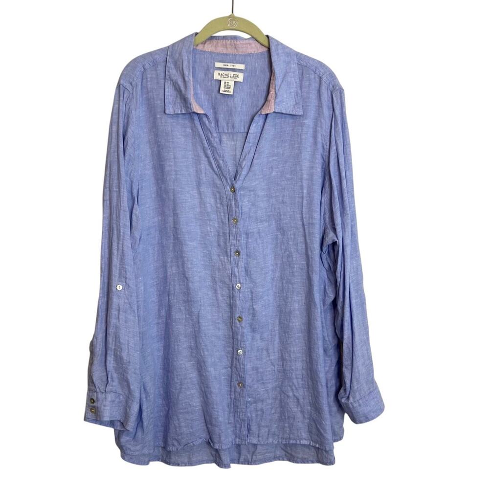 Rachel Zoe Womens 100% Linen Button Up Blouse 2X Light Blue Long Sleeve